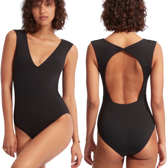 Seafolly Other - Seafolly Collective V Neck Open Back One Piece Swimsuit Black Size 6 NWT